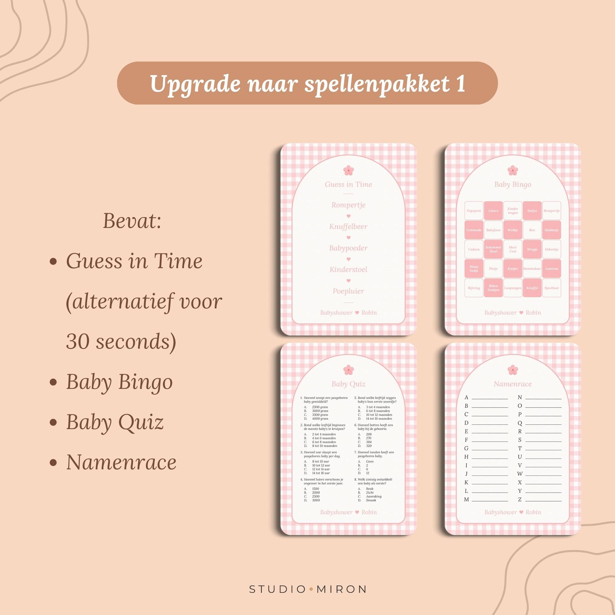 Babyshower invulkaarten upgrade naar spellenpakket 1 gingham roze Studio Miron