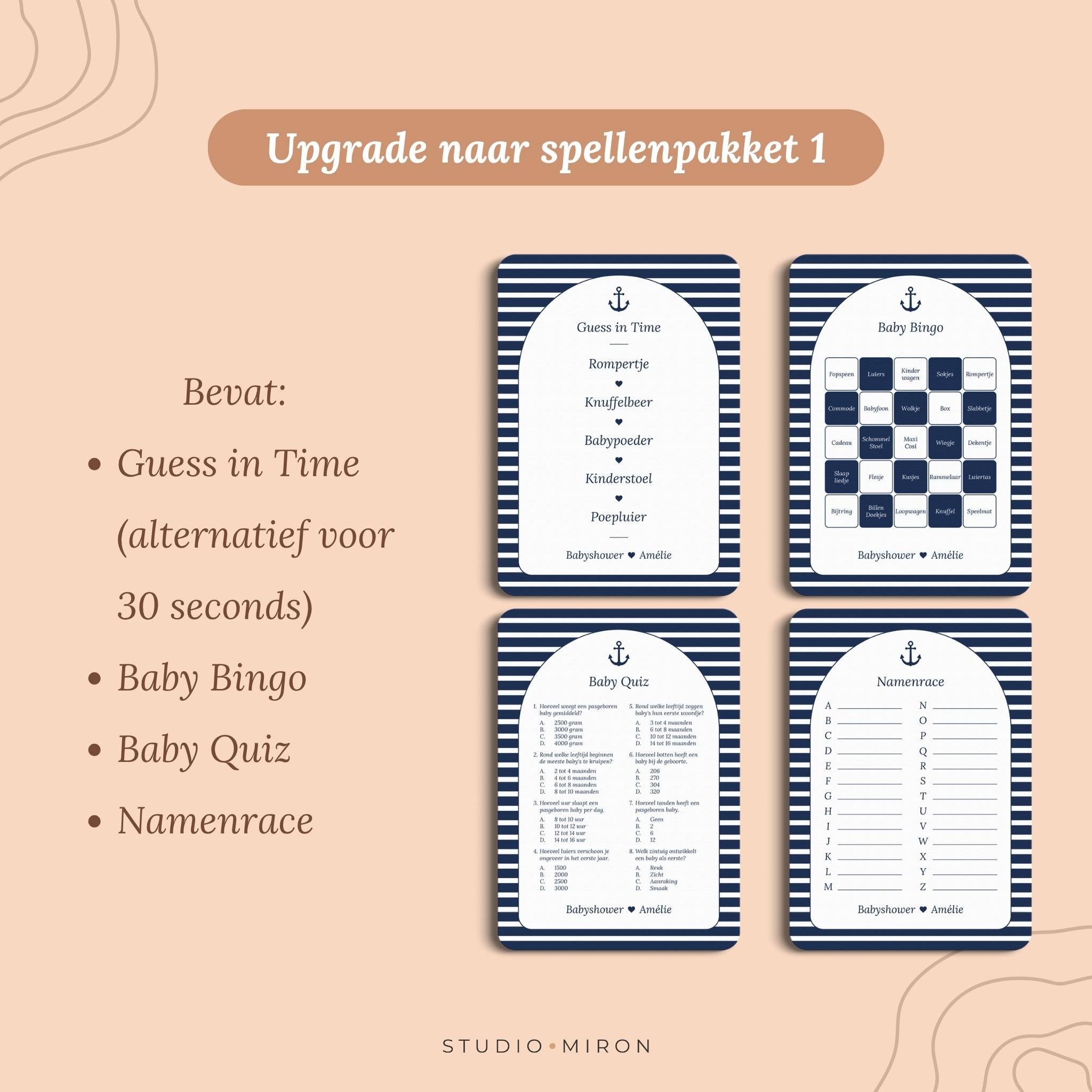 Babyshower invulkaarten upgrade naar spellenpakket 1 navy blue Studio Miron