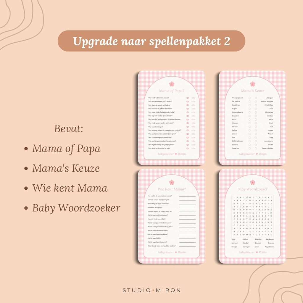 Babyshower invulkaarten upgrade naar spellenpakket 2 gingham roze Studio Miron