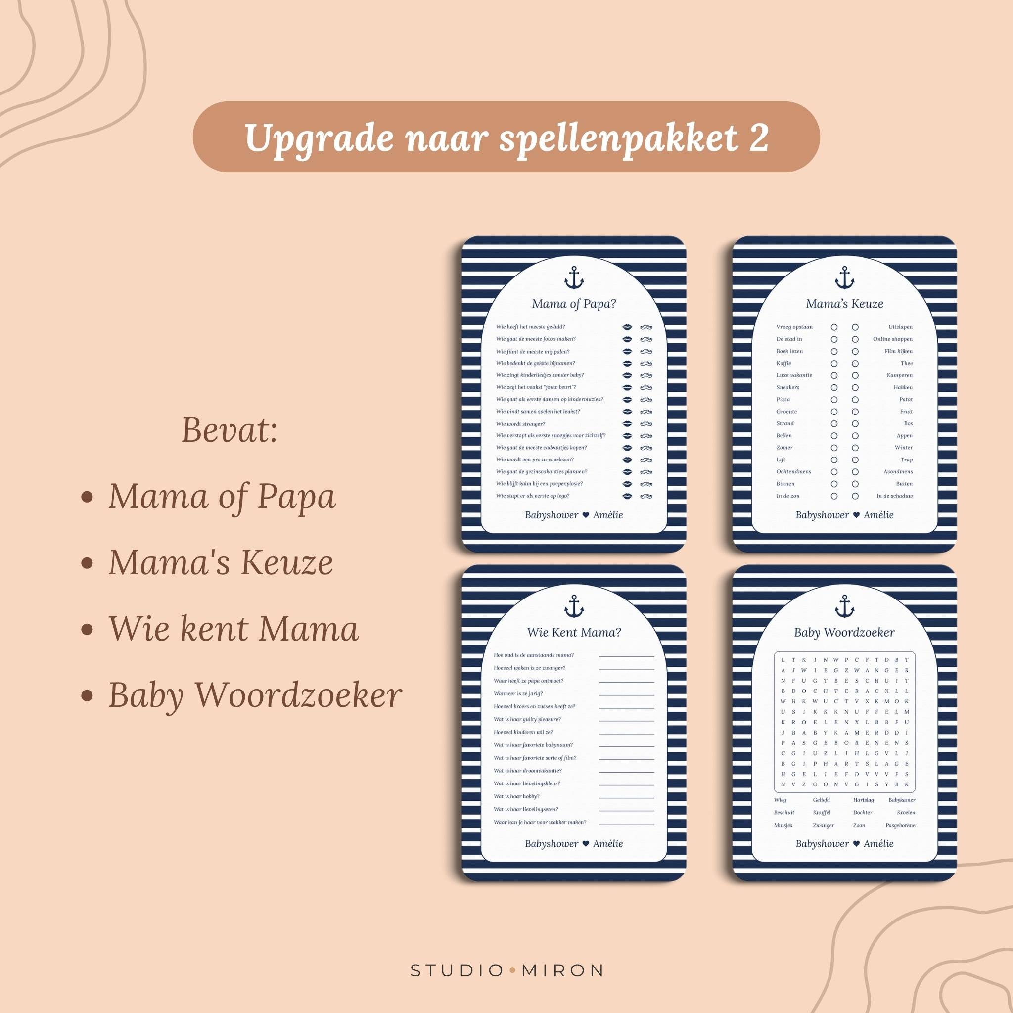 Babyshower invulkaarten upgrade naar spellenpakket 2 navy blue Studio Miron