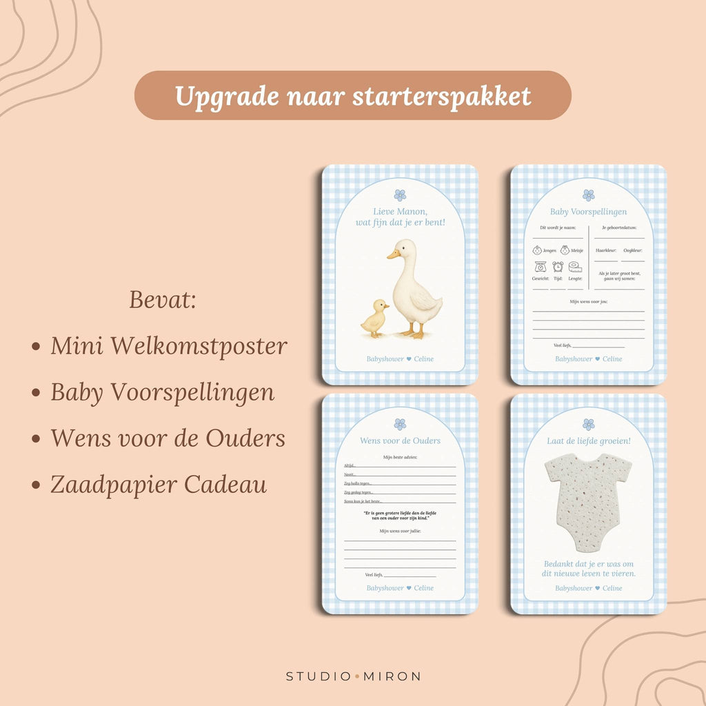 Babyshower invulkaarten upgrade naar starterspakket gingham blauw Studio Miron