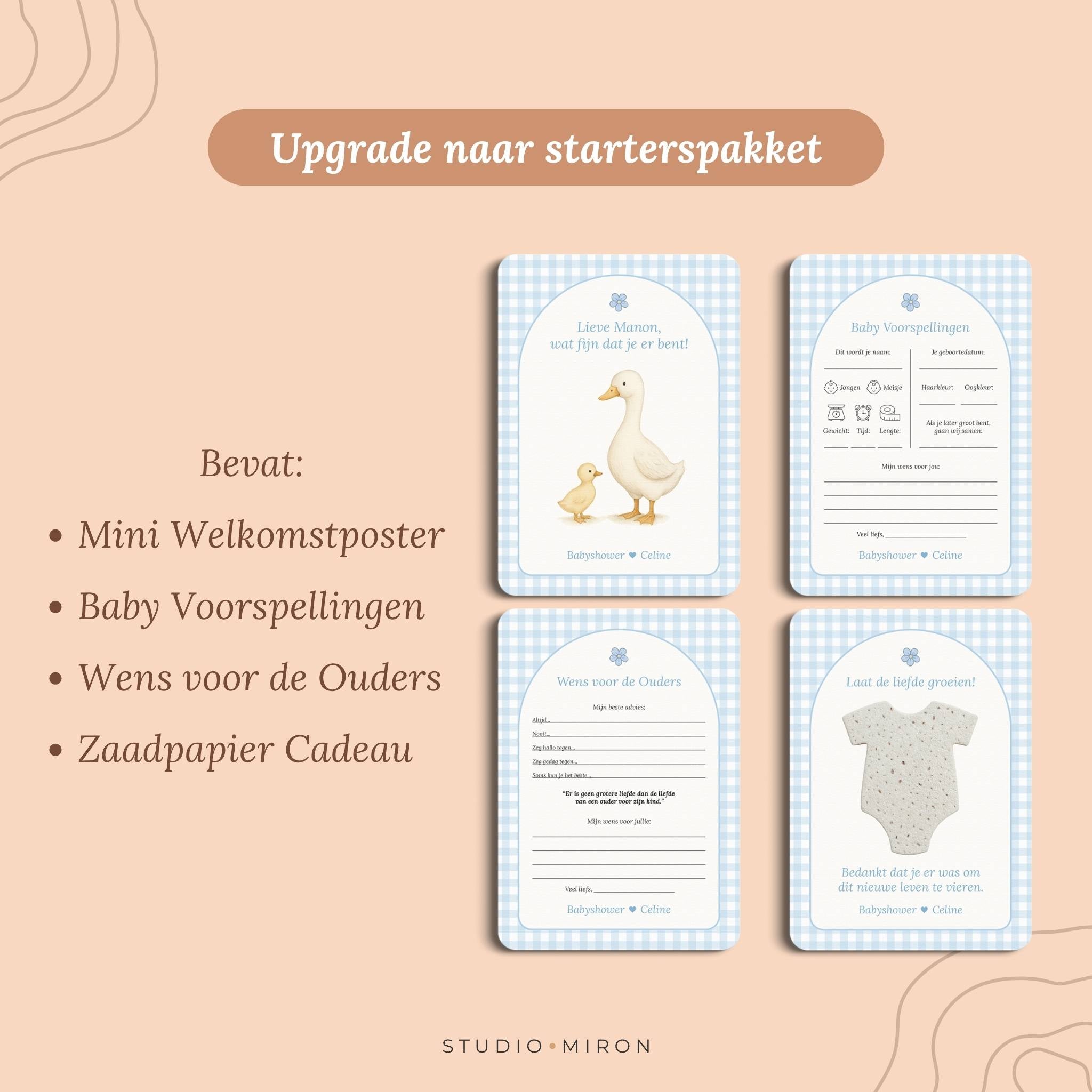Babyshower invulkaarten upgrade naar starterspakket gingham blauw Studio Miron