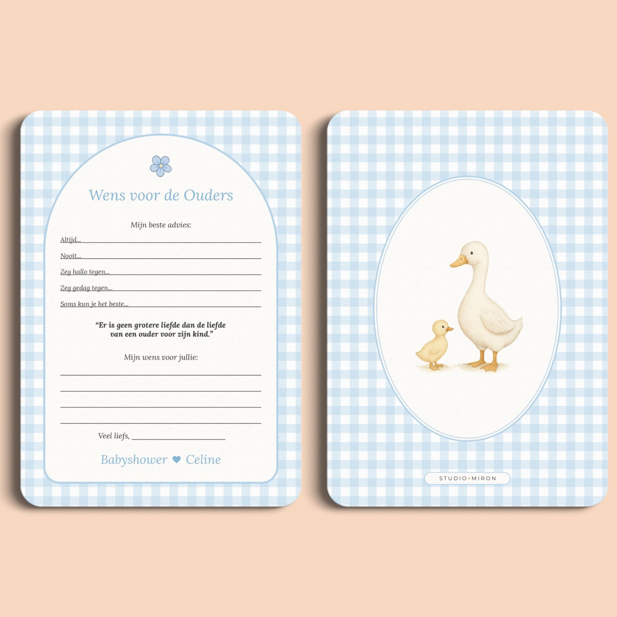 Babyshower invulkaarten wens voor de ouders gingham blauw voor en achter Studio Miron