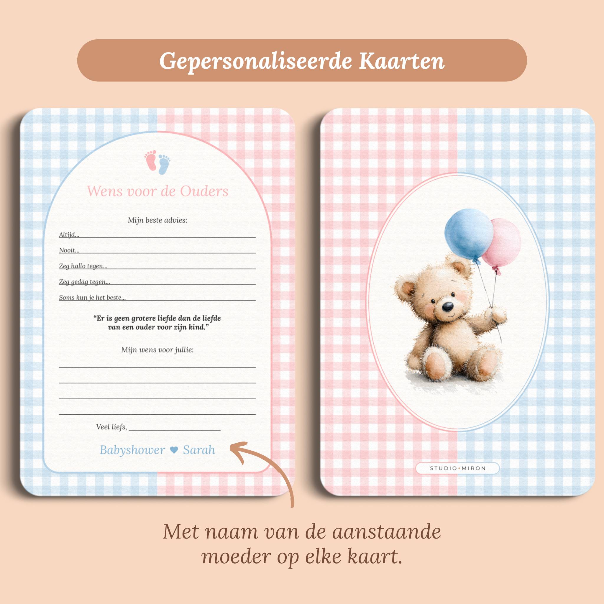 Babyshower invulkaarten wens voor de ouders gingham roze blauw gepersonaliseerd voor en achter Studio Miron