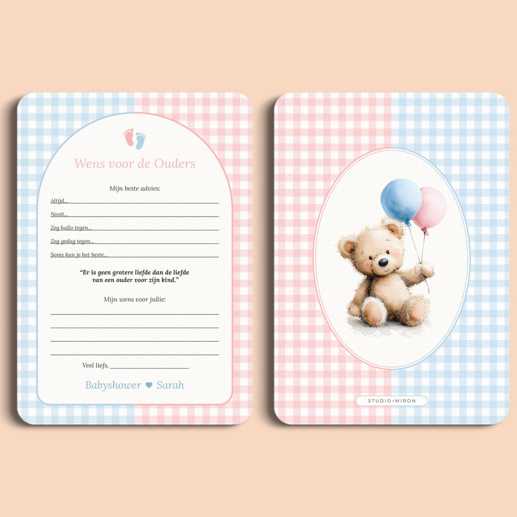 Babyshower invulkaarten wens voor de ouders gingham roze blauw voor en achter Studio Miron