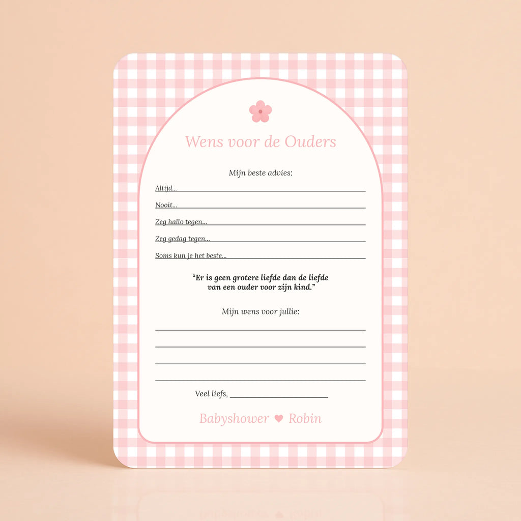 Babyshower invulkaarten wens voor de ouders gingham roze gepersonaliseerd Studio Miron