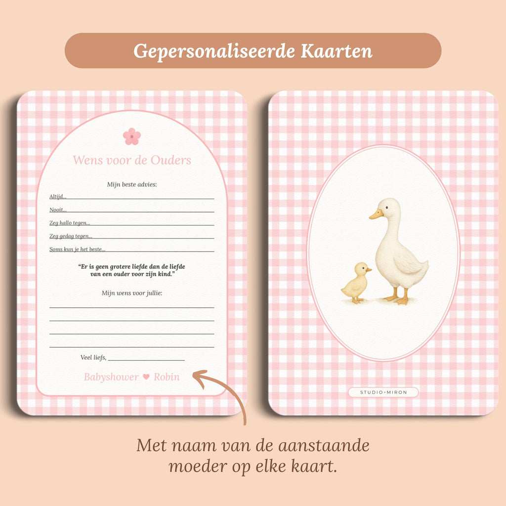 Babyshower invulkaarten wens voor de ouders gingham roze gepersonaliseerd voor en achter Studio Miron