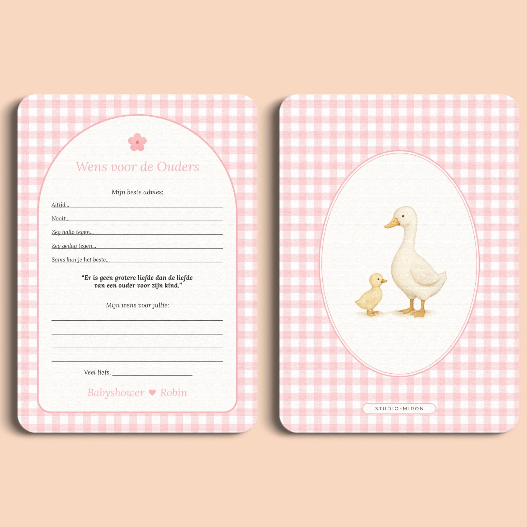 Babyshower invulkaarten wens voor de ouders gingham roze voor en achter Studio Miron
