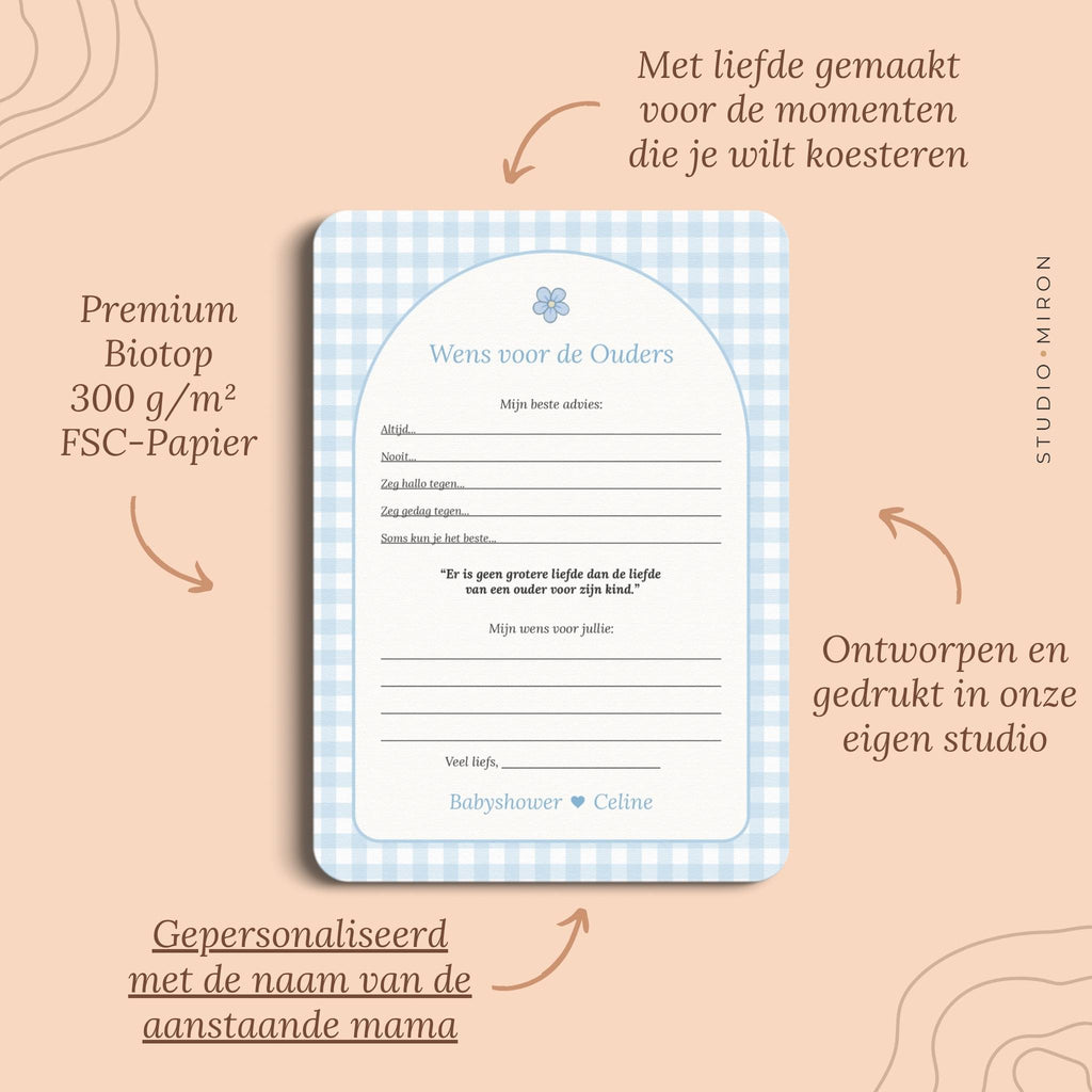 Babyshower invulkaarten wens voor de ouders pluspunten gingham blauw Studio Miron