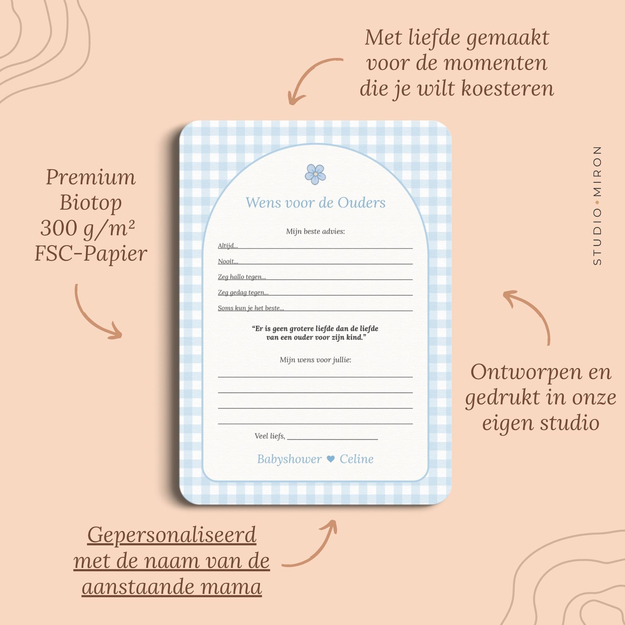 Babyshower invulkaarten wens voor de ouders pluspunten gingham blauw Studio Miron