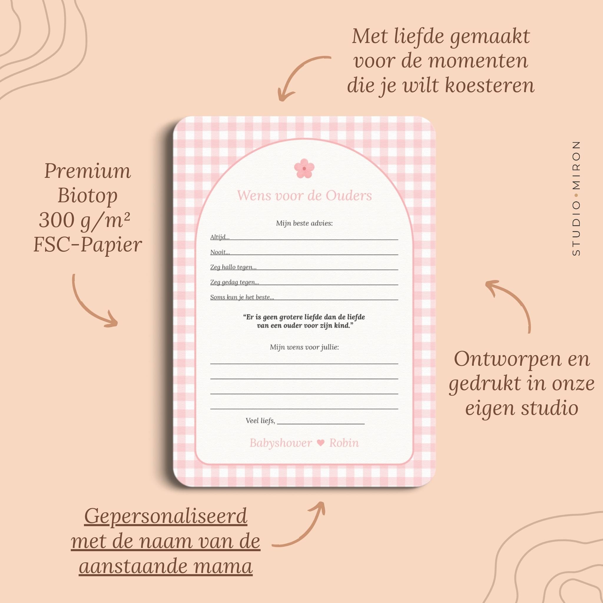 Babyshower invulkaarten wens voor de ouders pluspunten gingham roze Studio Miron