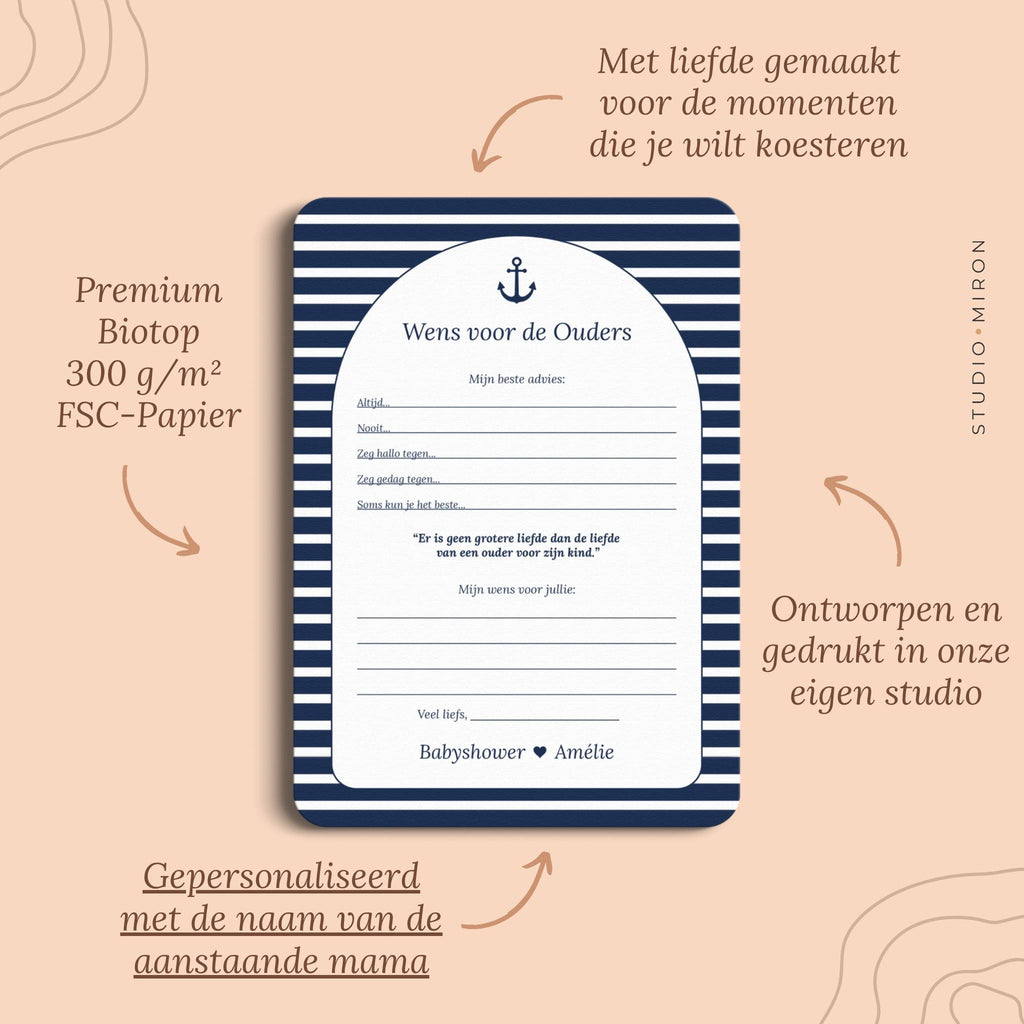 Babyshower invulkaarten wens voor de ouders pluspunten navy blue Studio Miron