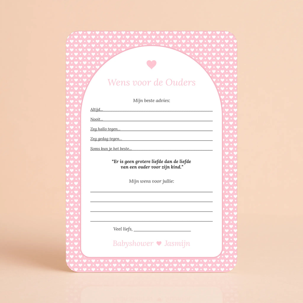 Wens voor de Ouders kaart met witte hartjes op roze achtergrond, gepersonaliseerd met naam – Studio Miron