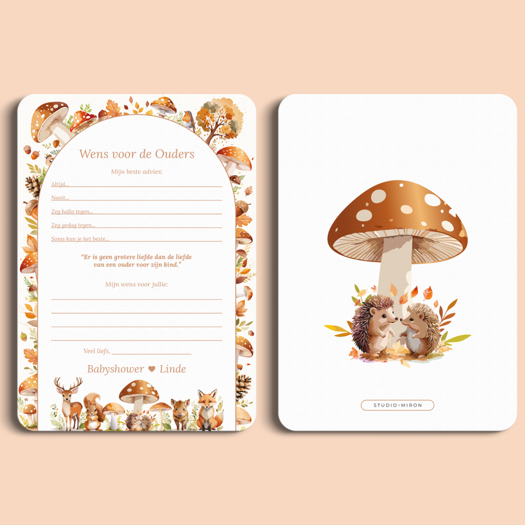 Babyshower invulkaart Wensen voor de Ouders in Bosdieren stijl, voor- en achterkant – Studio Miron