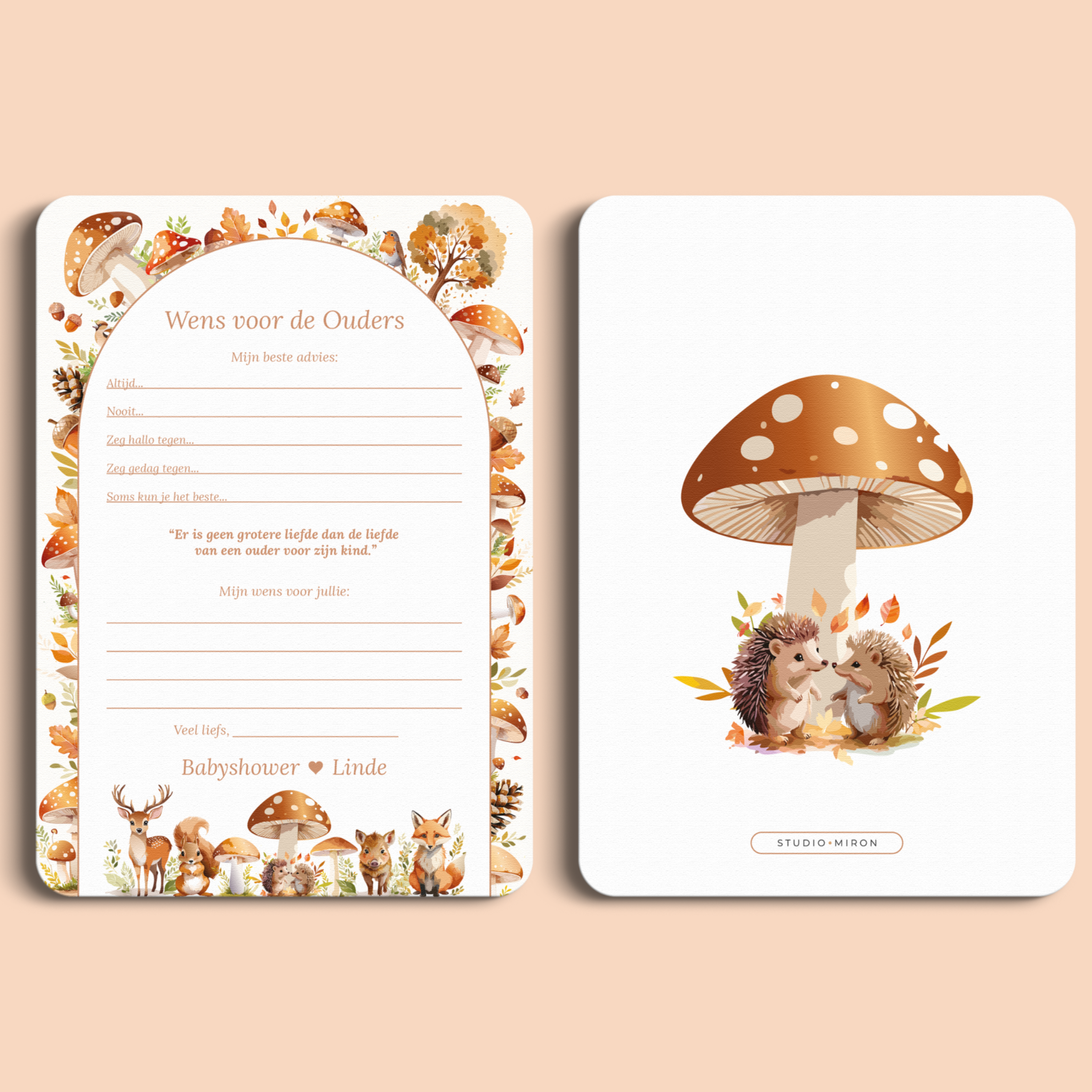 Babyshower invulkaart Wensen voor de Ouders in Bosdieren stijl, voor- en achterkant – Studio Miron