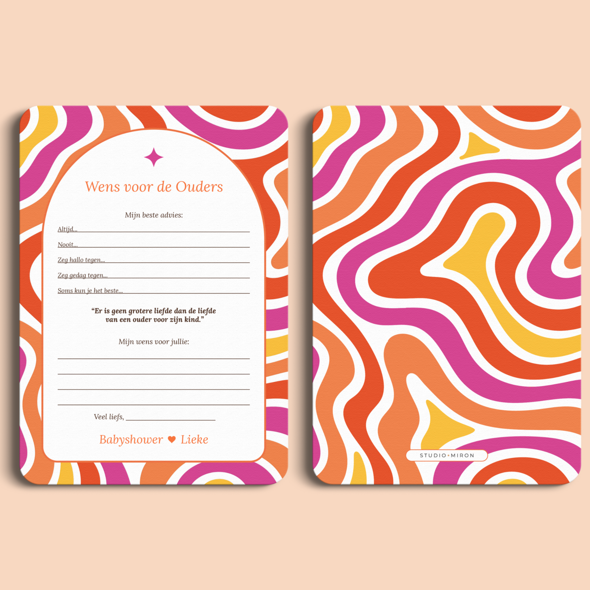 Babyshower invulkaart Wensen voor de Ouders in Flower Power stijl, voor- en achterkant – Studio Miron