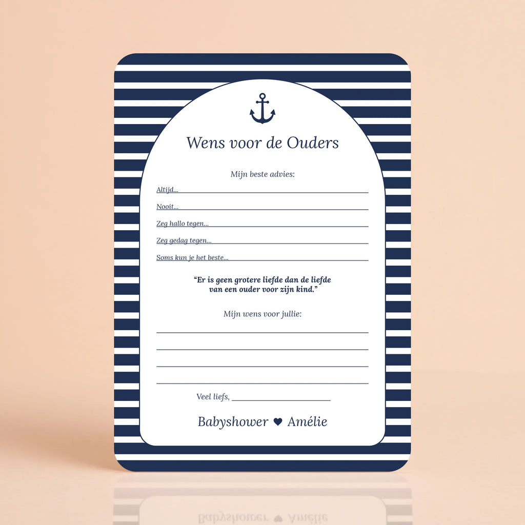 Babyshower invulkaart Wensen voor de Ouders in navy blue stijl, gepersonaliseerd met naam – Studio Miron