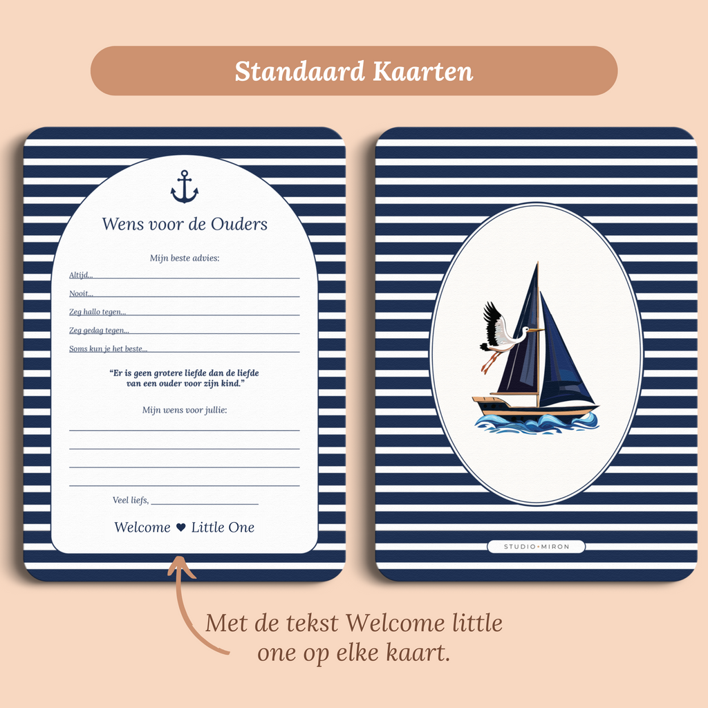 Babyshower invulkaart Wensen voor de Ouders in Navy Blue stijl, standaardversie met Welcome Little One – Studio Miron