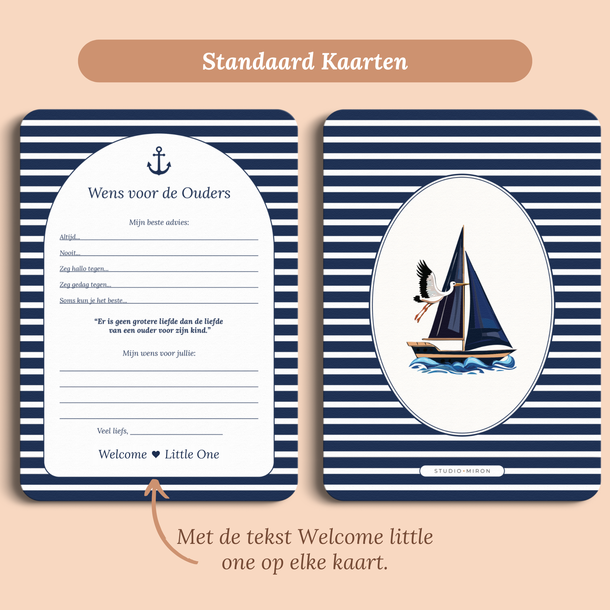 Babyshower invulkaart Wensen voor de Ouders in Navy Blue stijl, standaardversie met Welcome Little One – Studio Miron
