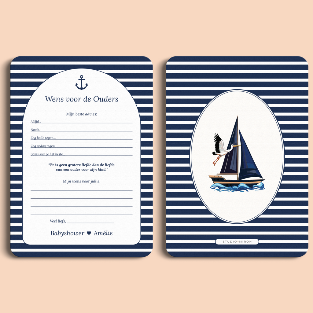 Babyshower invulkaart Wensen voor de Ouders in Navy Blue stijl, voor- en achterkant – Studio Miron
