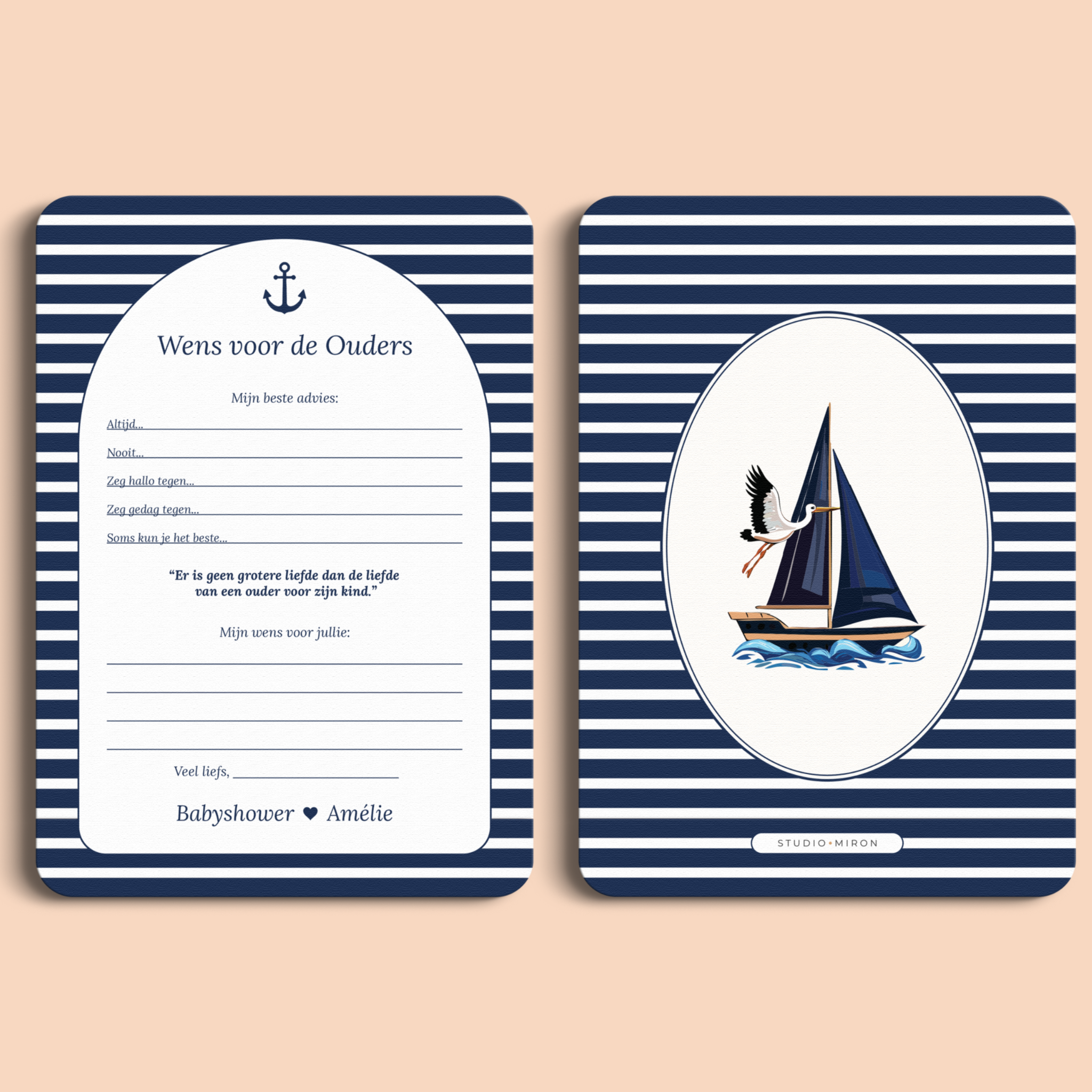 Babyshower invulkaart Wensen voor de Ouders in Navy Blue stijl, voor- en achterkant – Studio Miron
