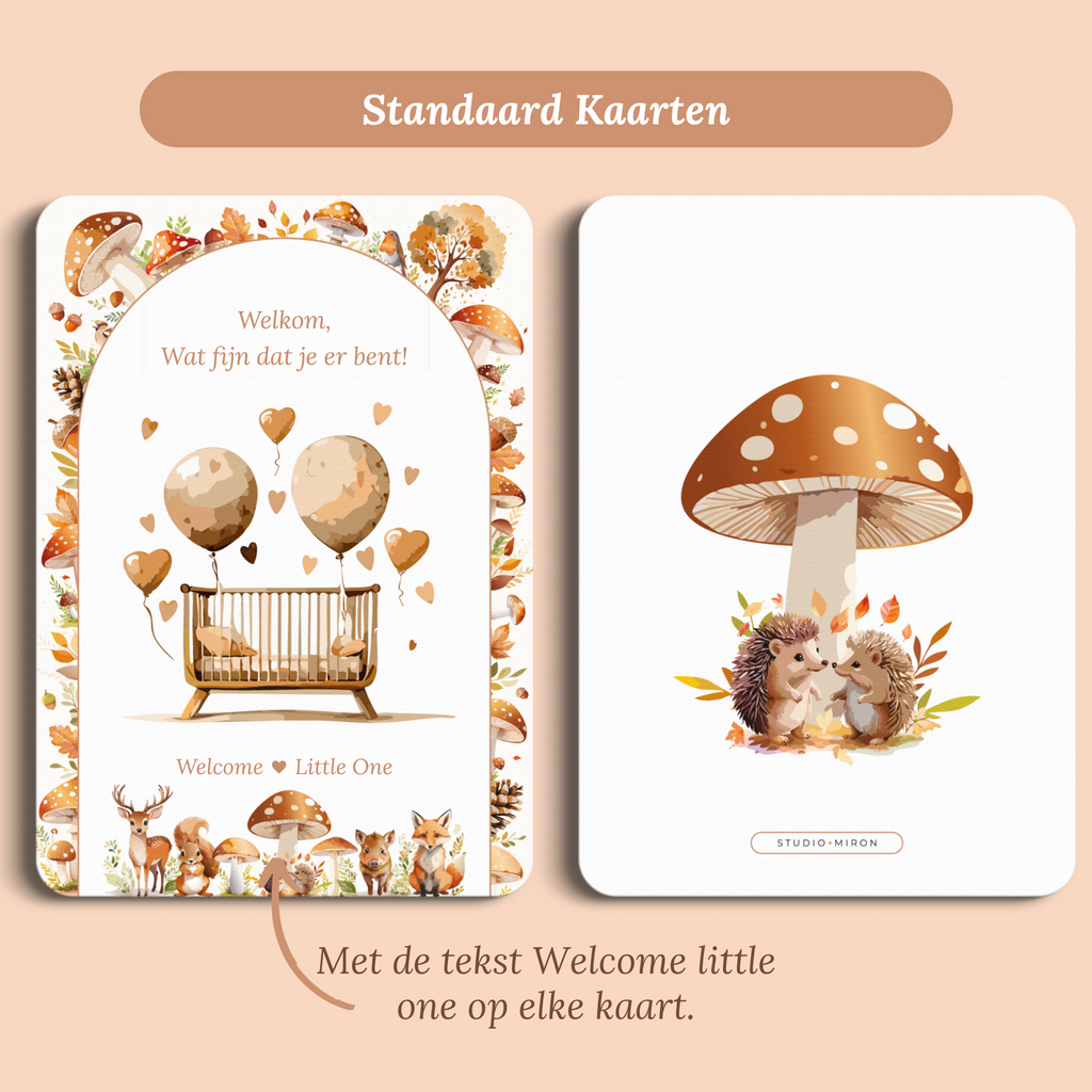Babyshower mini welkomstbord naamkaart in Bosdieren stijl, standaardversie met Welkom en Welcome Little One – Studio Miron