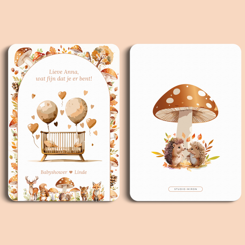 Babyshower mini welkomstbord naamkaart in Bosdieren stijl, voor- en achterkant – Studio Miron