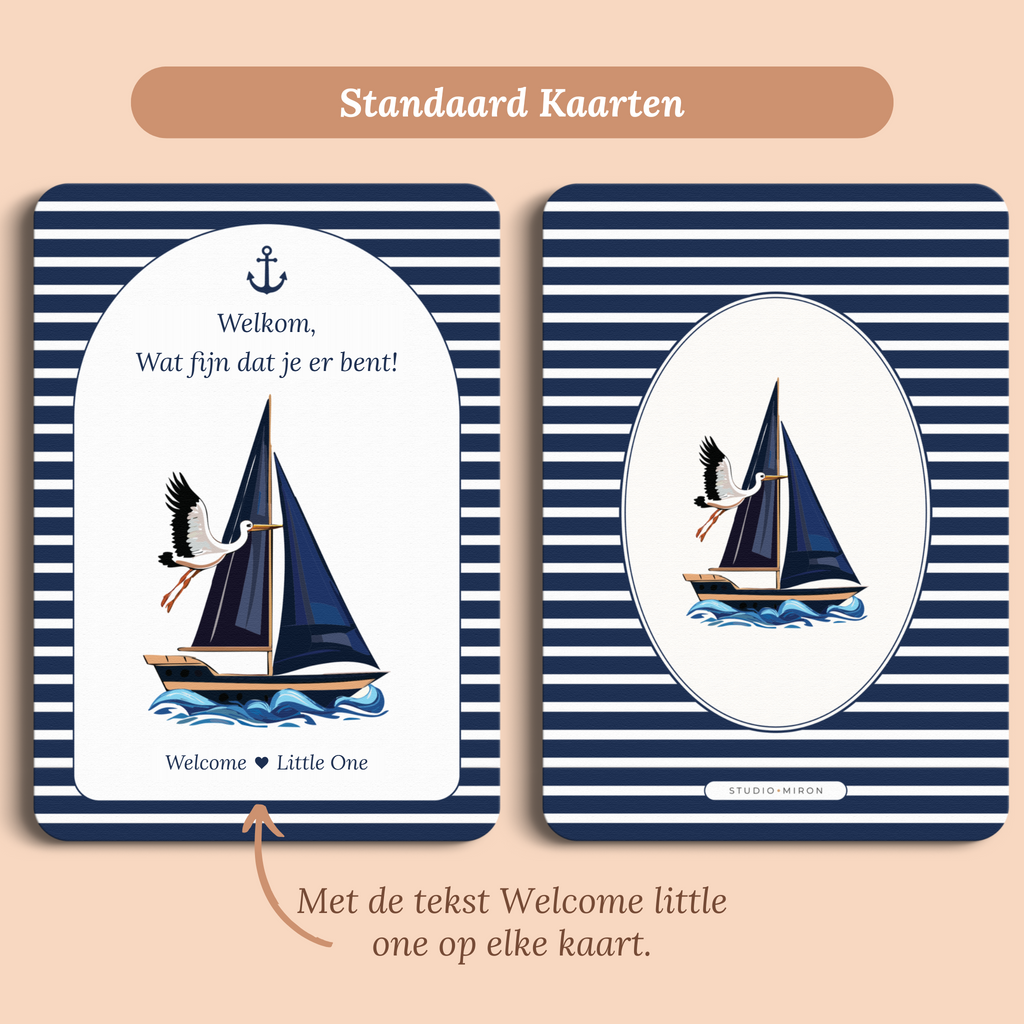 Babyshower mini welkomstbord naamkaart in Navy Blue stijl, standaardversie met Welkom en Welcome Little One – Studio Miron