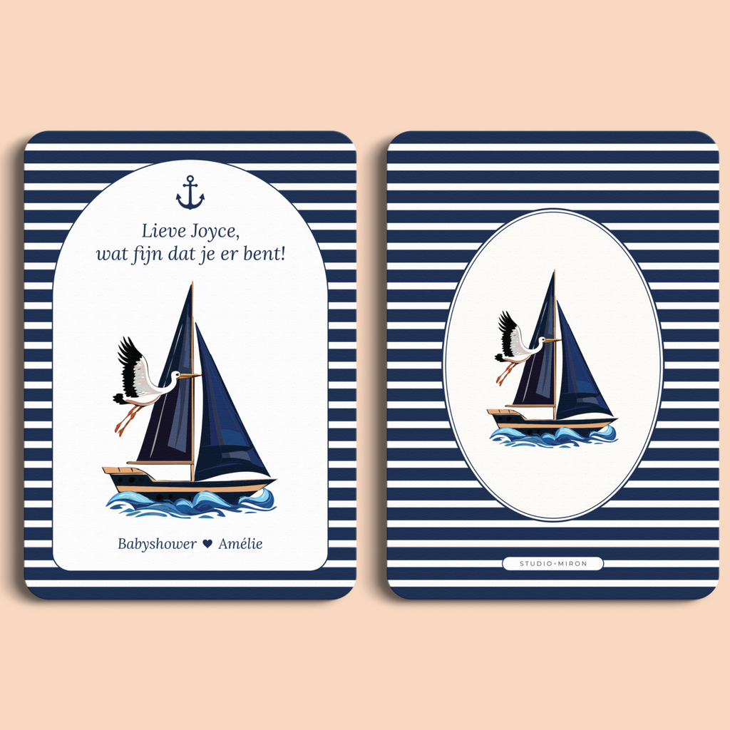 Babyshower mini welkomstbord naamkaart in Navy Blue stijl, voor- en achterkant – Studio Miron