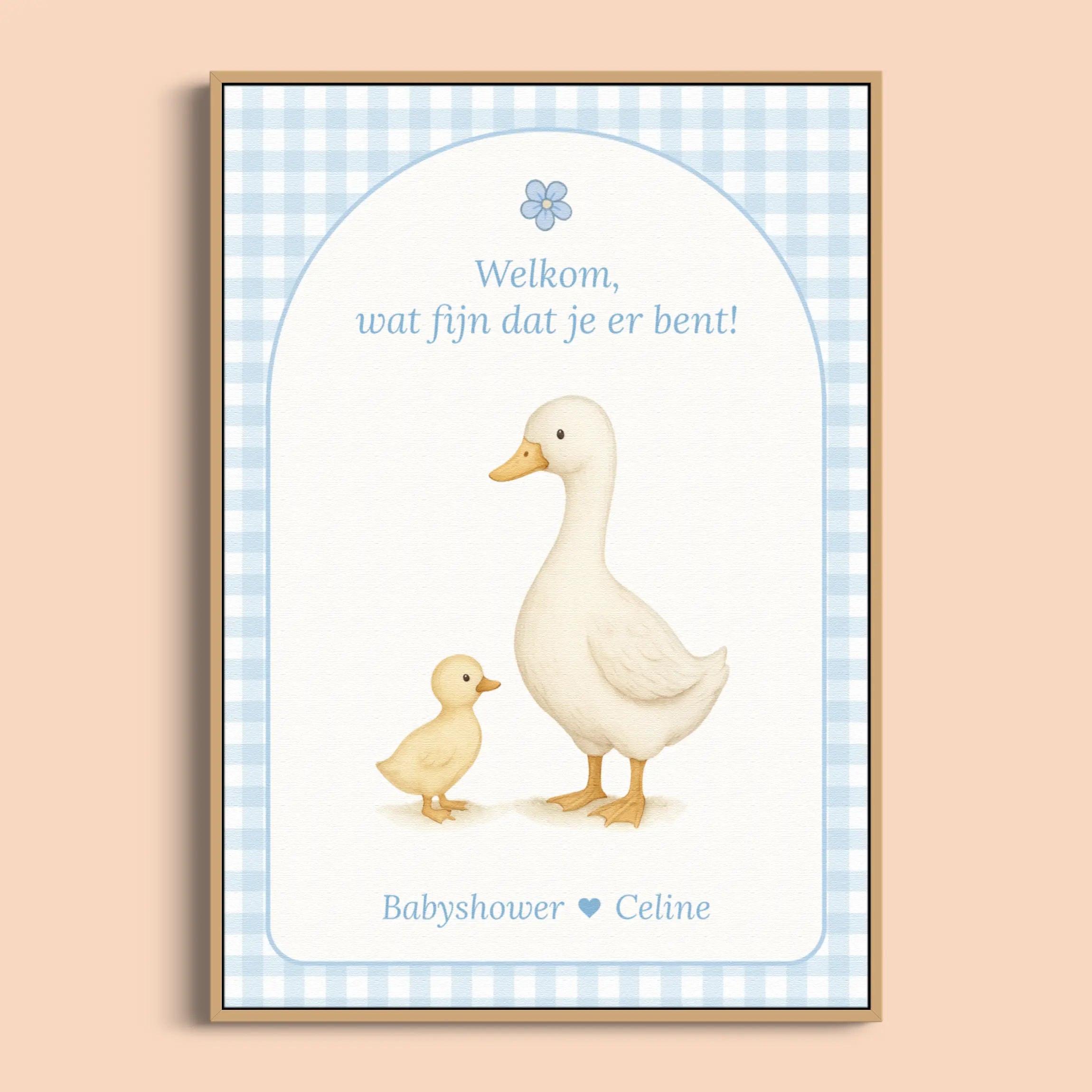 Babyshower poster welkomstposter gingham blauw gepersonaliseerd Studio Miron