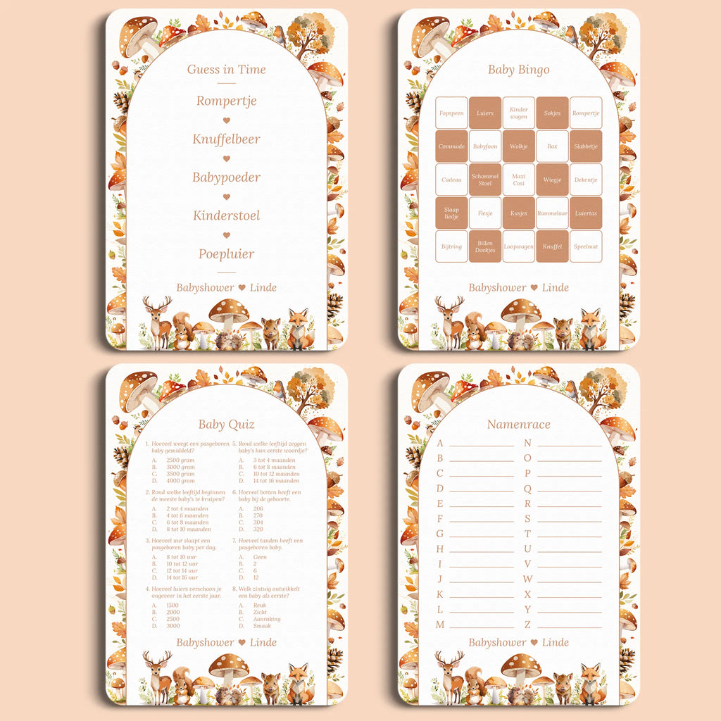 Babyshower spellenpakket 1 bosdieren gepersonaliseerd Studio Miron