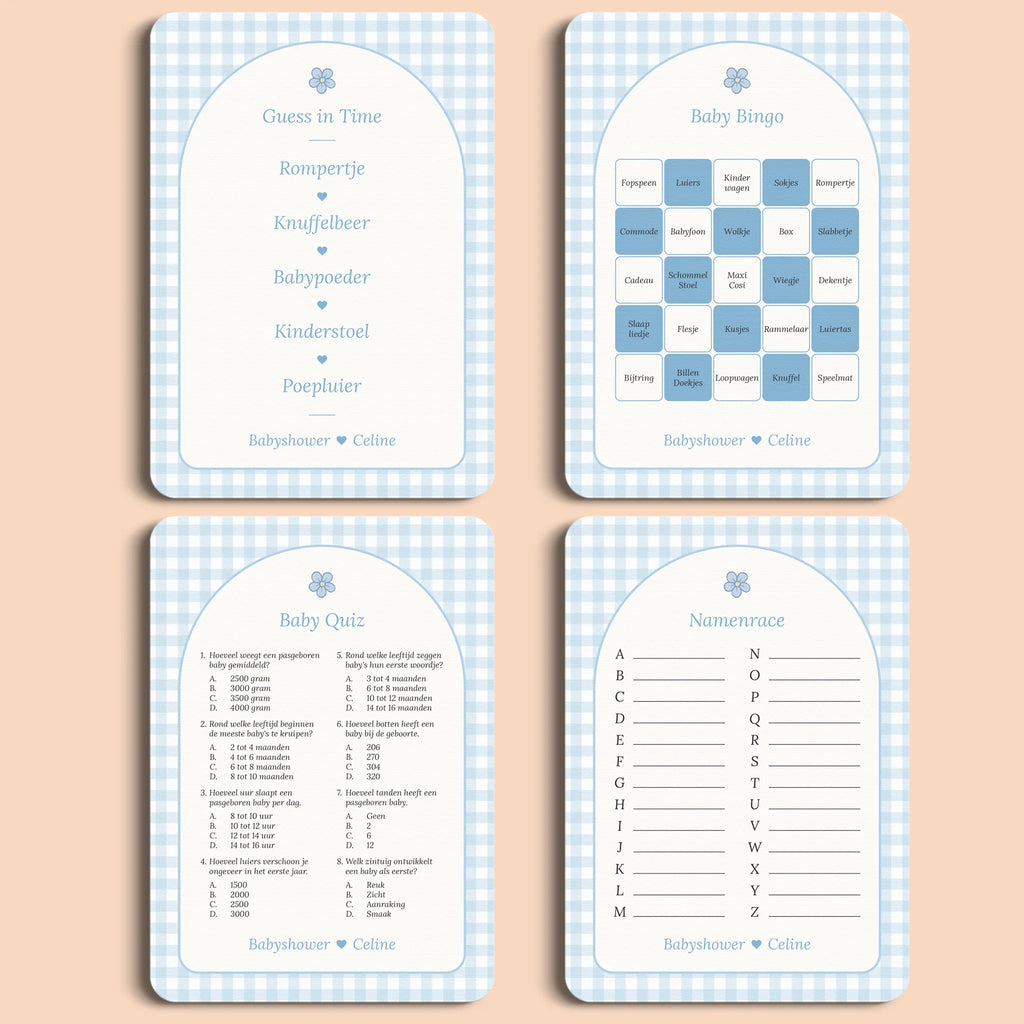 Babyshower spellenpakket 1 gingham blauw gepersonaliseerd Studio Miron