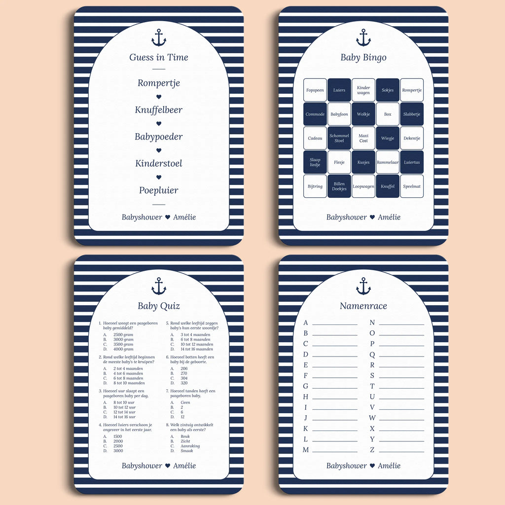 Babyshower spellenpakket 1 navy blue gepersonaliseerd Studio Miron