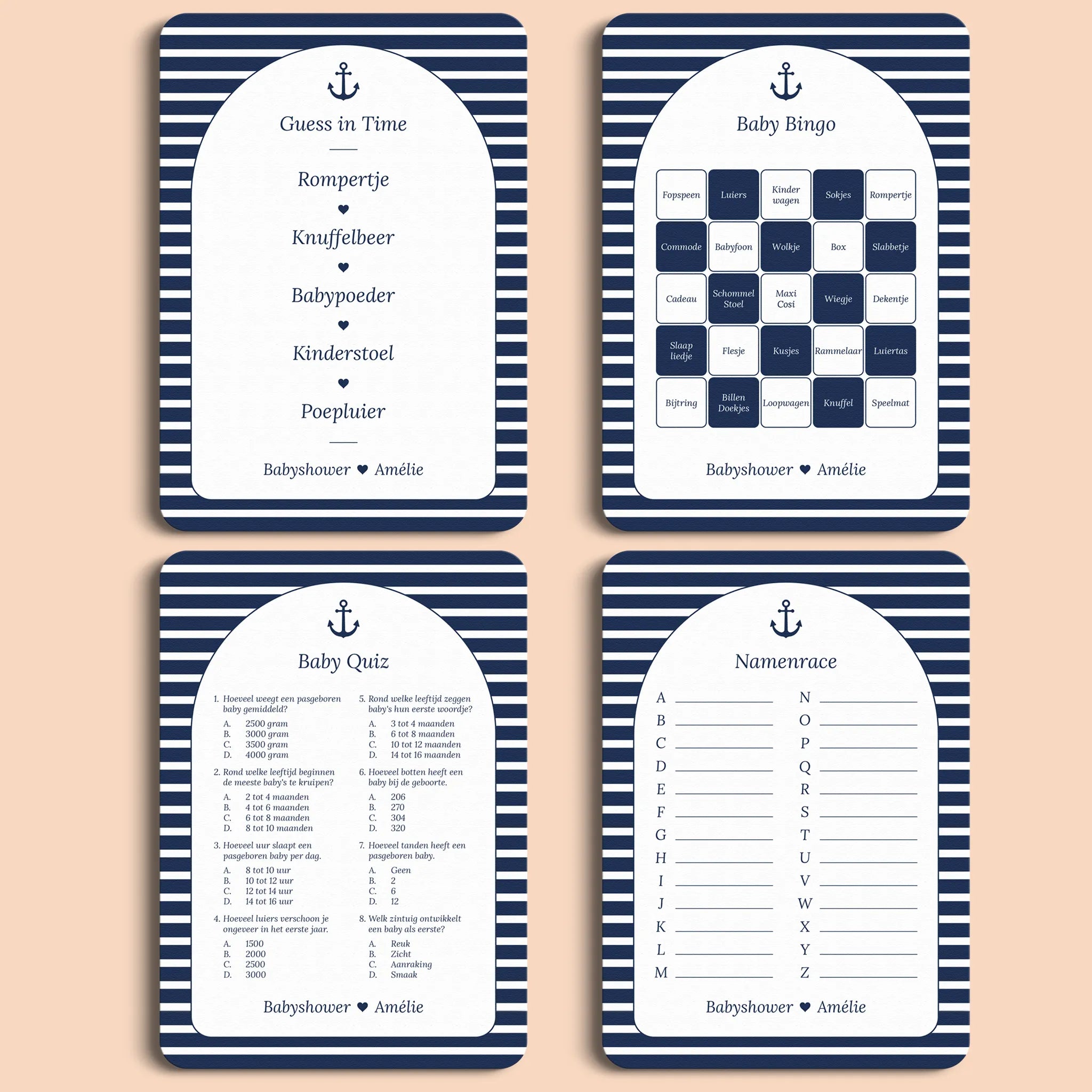 Babyshower spellenpakket 1 navy blue gepersonaliseerd Studio Miron