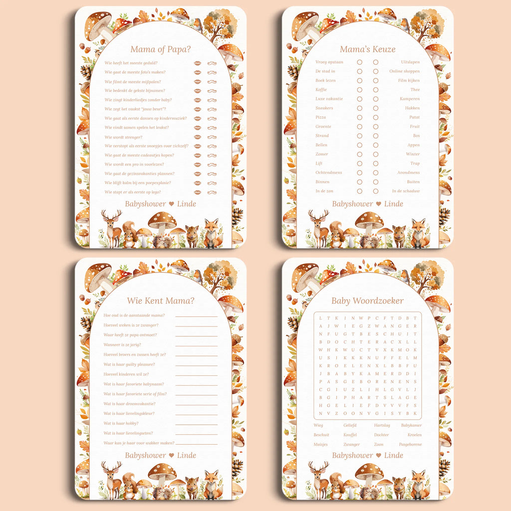 Babyshower spellenpakket 2 bosdieren gepersonaliseerd Studio Miron