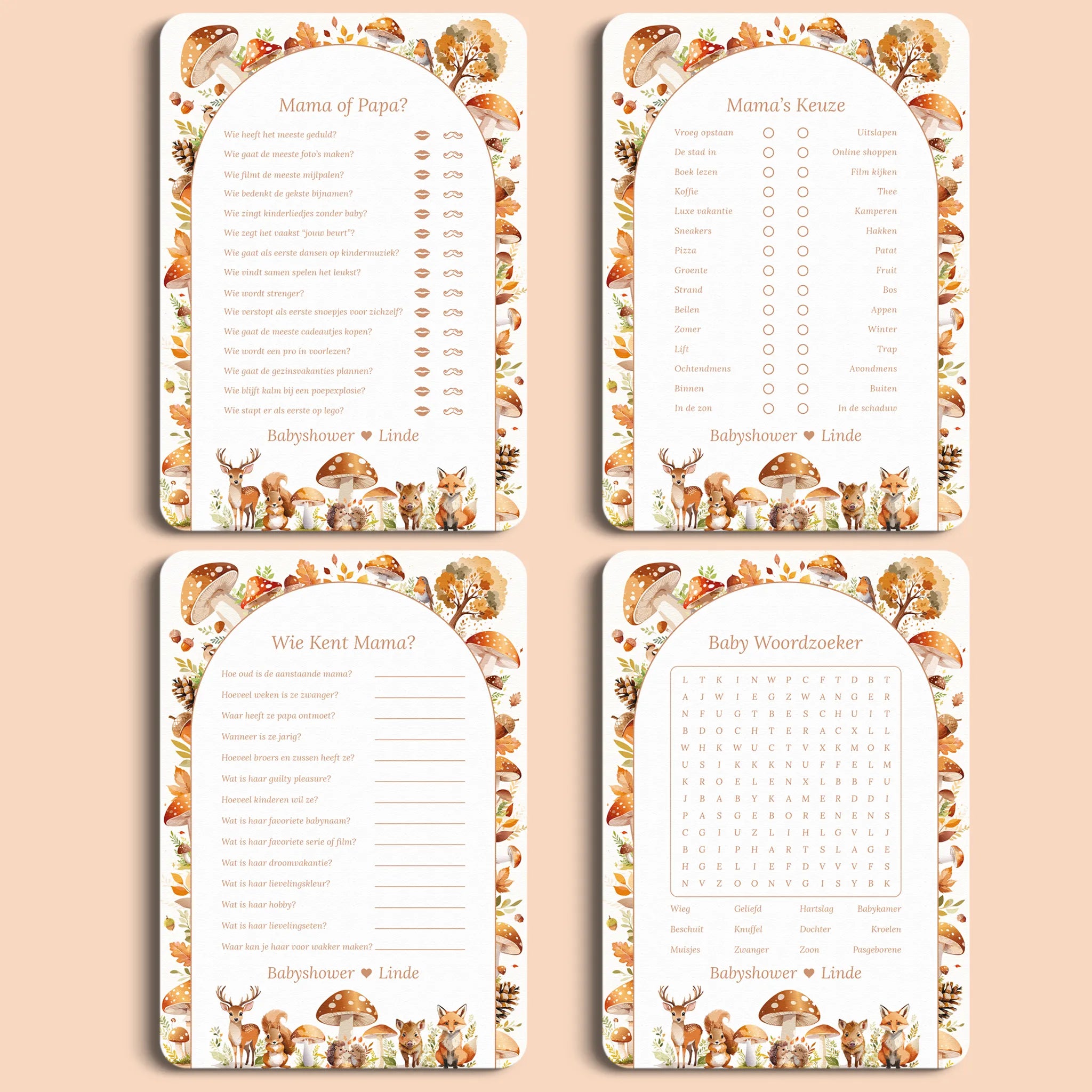 Babyshower spellenpakket 2 bosdieren gepersonaliseerd Studio Miron