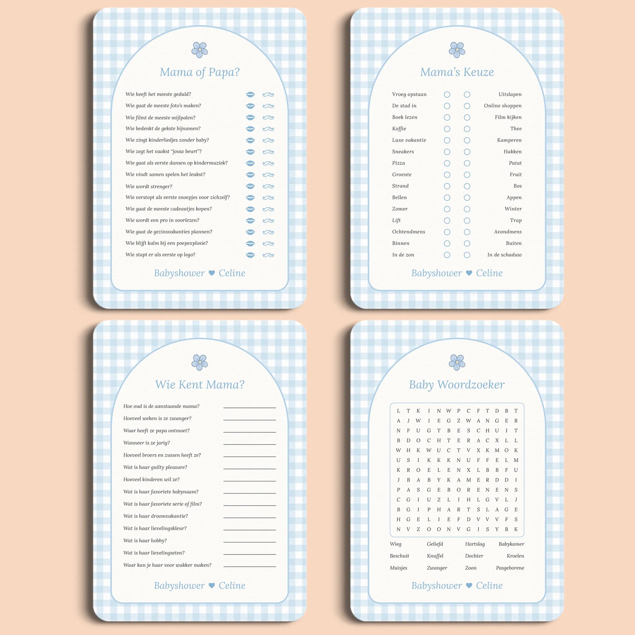 Babyshower spellenpakket 2 gingham blauw gepersonaliseerd Studio Miron