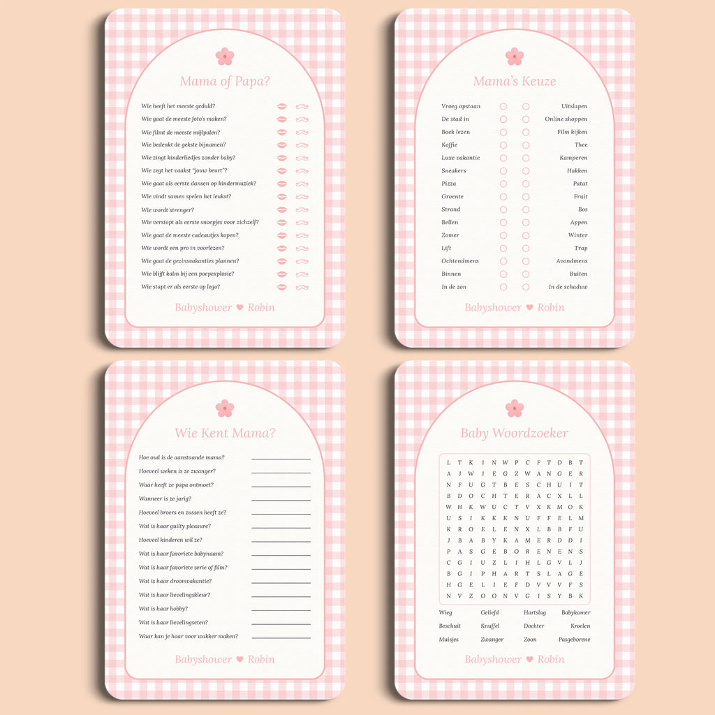 Babyshower spellenpakket 2 gingham roze gepersonaliseerd Studio Miron
