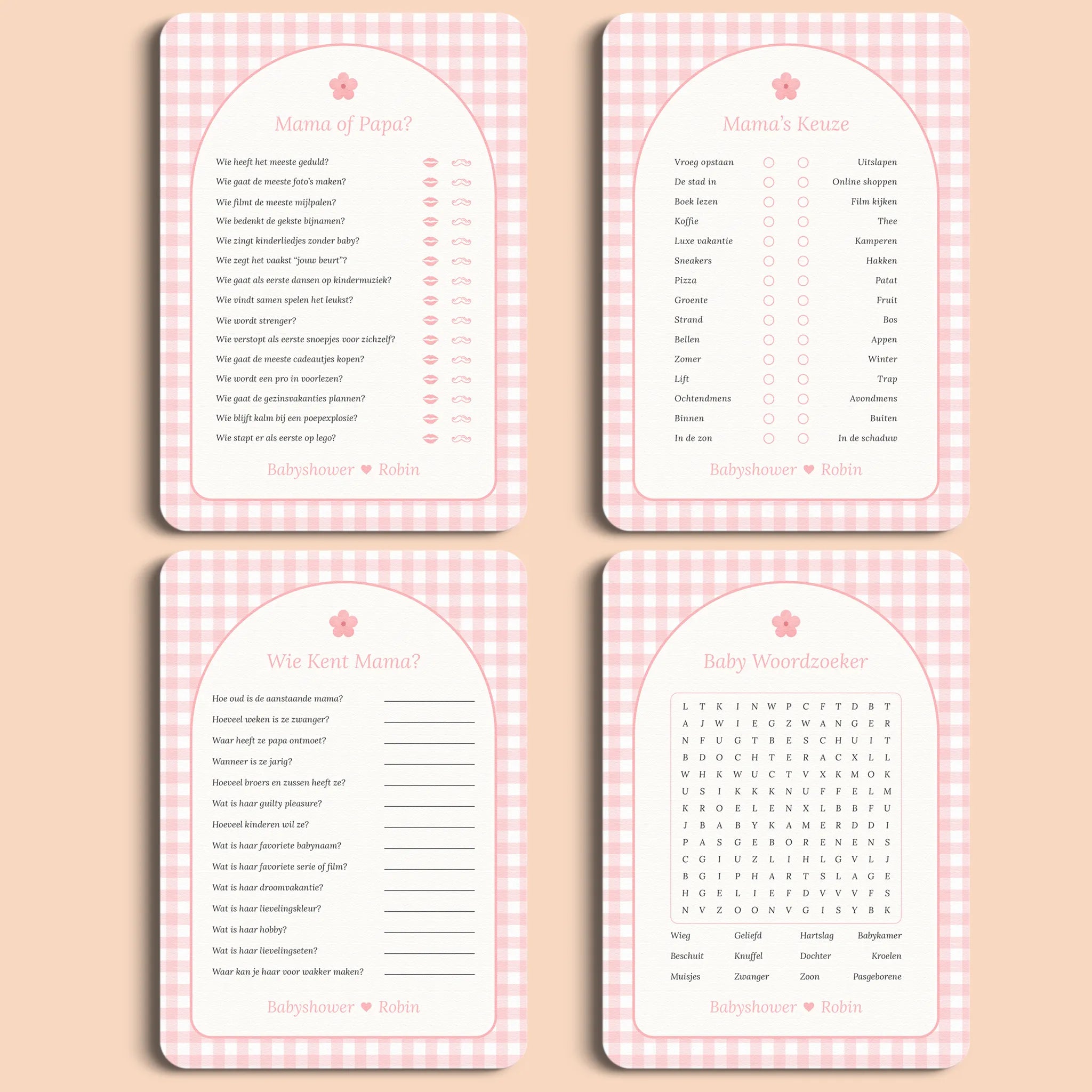 Babyshower spellenpakket 2 gingham roze gepersonaliseerd Studio Miron