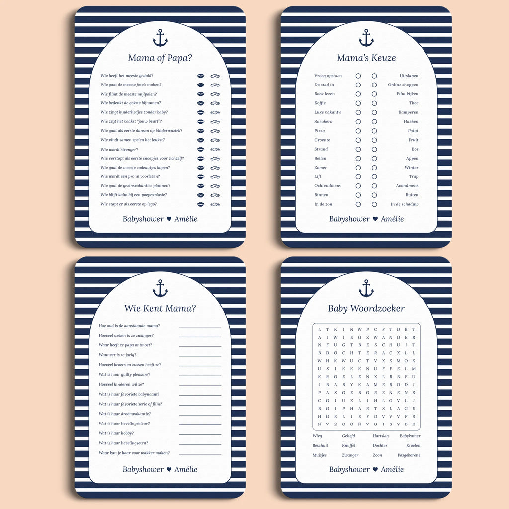 Babyshower spellenpakket 2 navy blue gepersonaliseerd Studio Miron