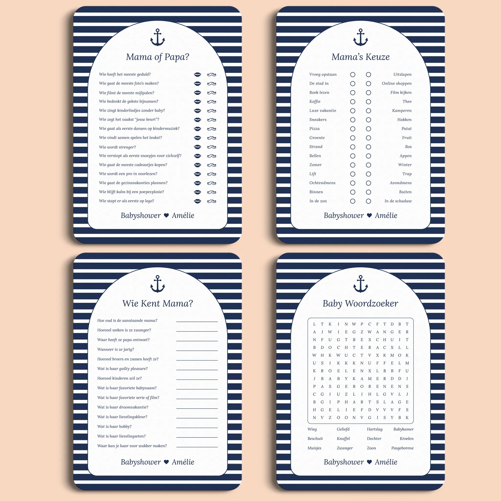 Babyshower spellenpakket 2 navy blue gepersonaliseerd Studio Miron