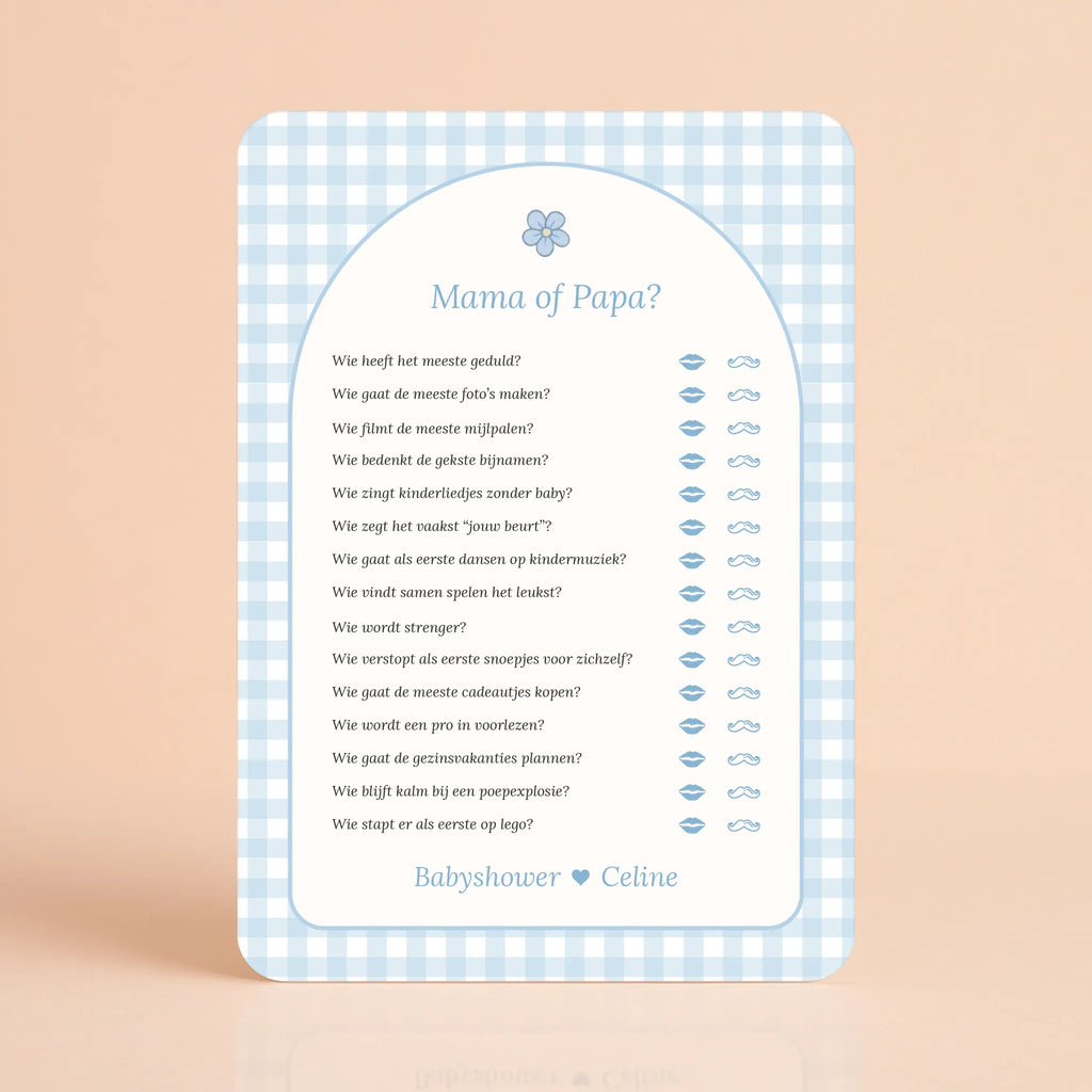 Babyshower spelletjes Mama of papa gingham blauw gepersonaliseerd Studio Miron