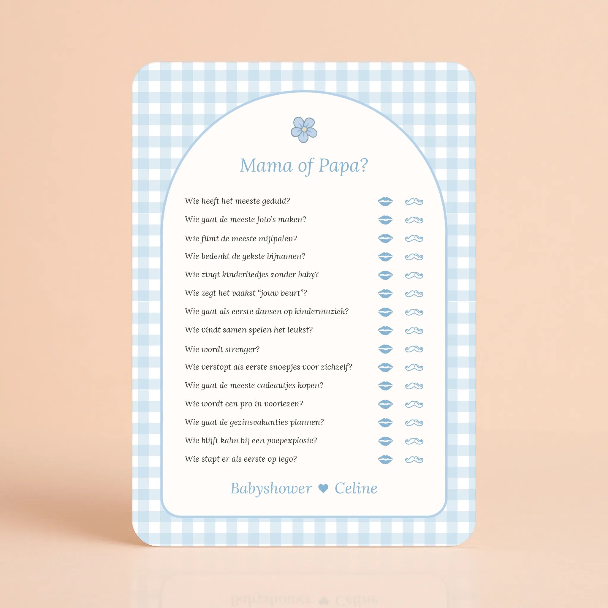 Babyshower spelletjes Mama of papa gingham blauw gepersonaliseerd Studio Miron