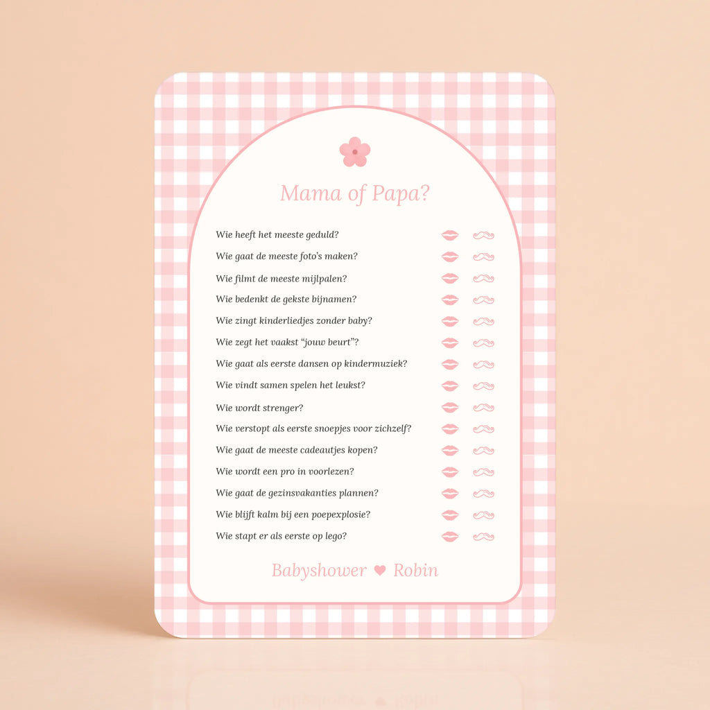 Babyshower spelletjes Mama of papa gingham roze gepersonaliseerd Studio Miron