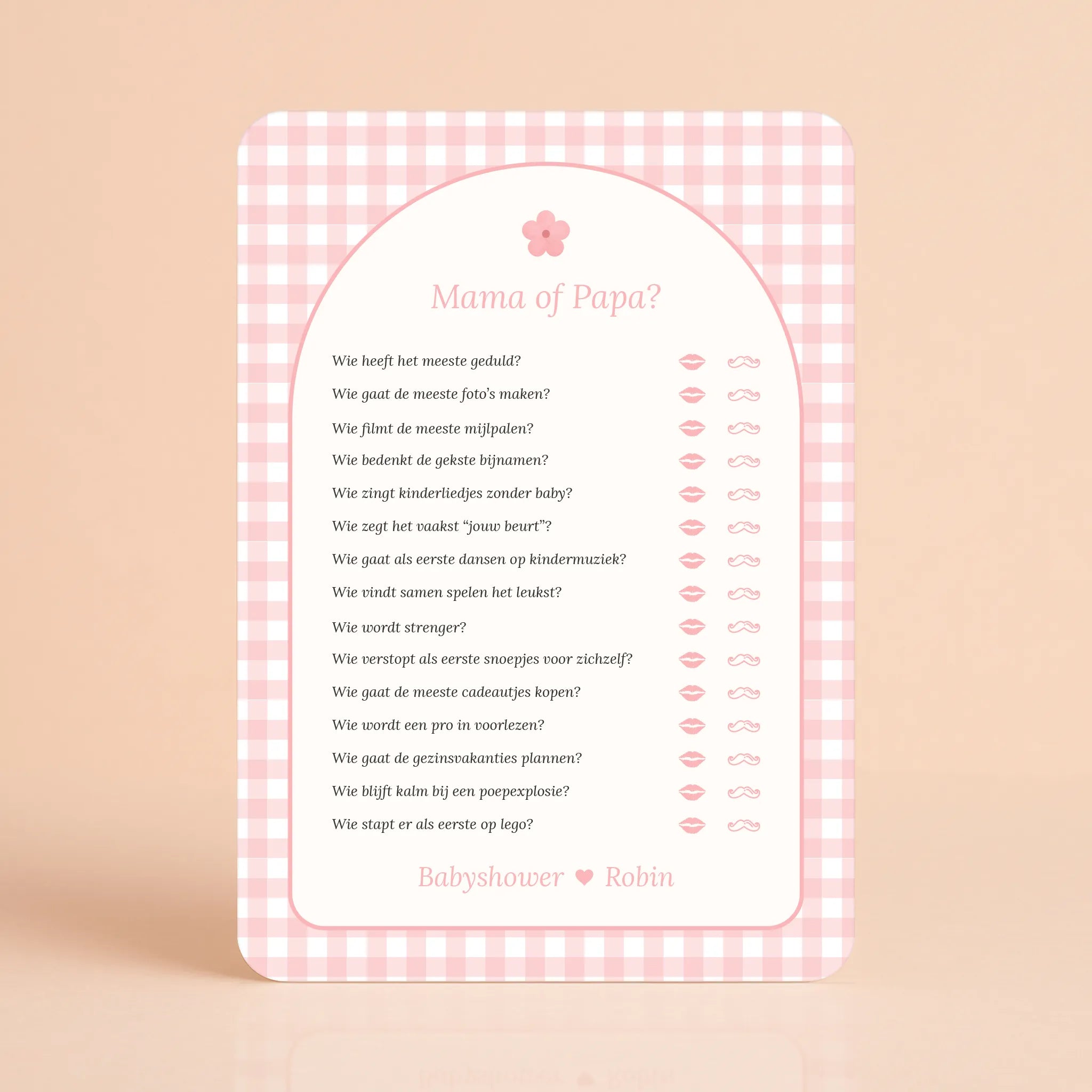 Babyshower spelletjes Mama of papa gingham roze gepersonaliseerd Studio Miron