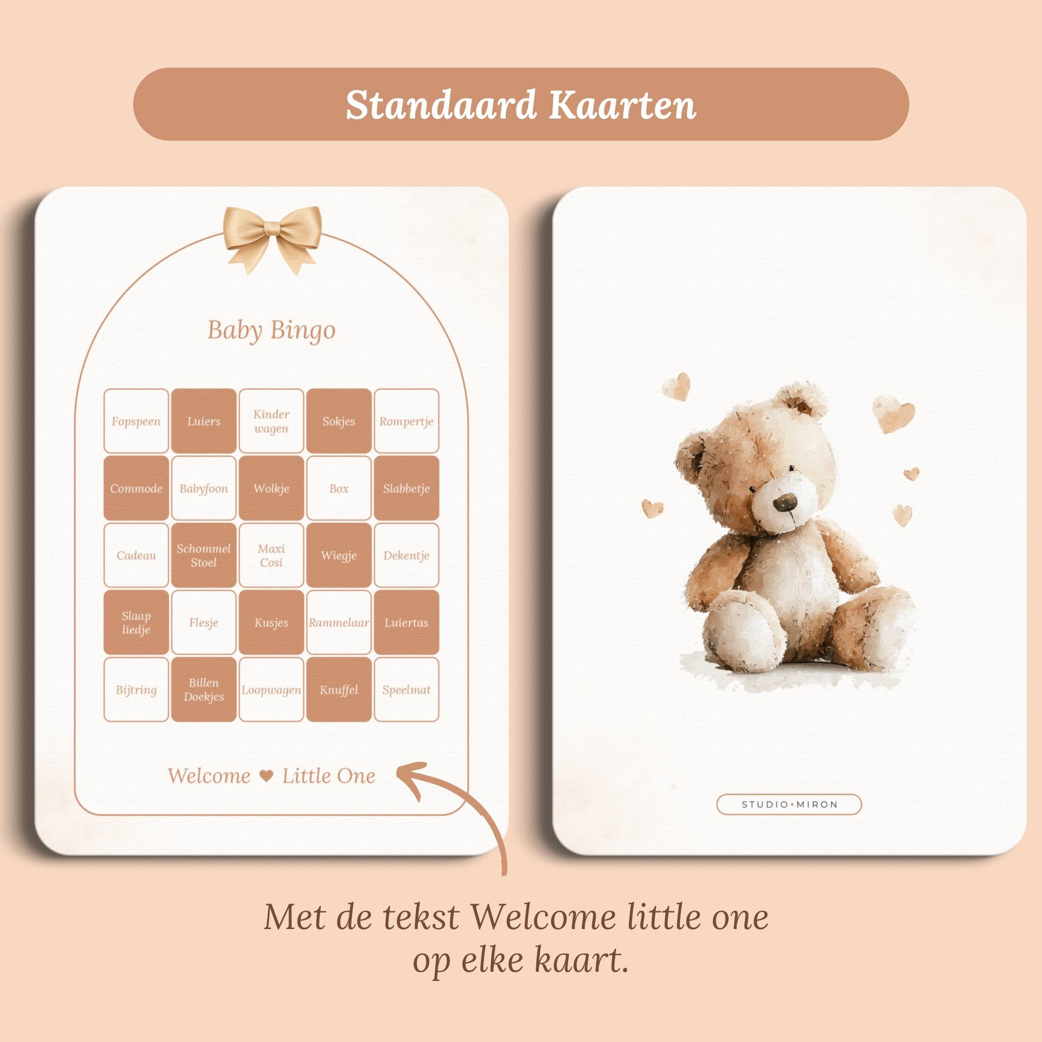 Babyshower spelletjes baby bingo boho beige beertje standaard voor en achter Studio Miron