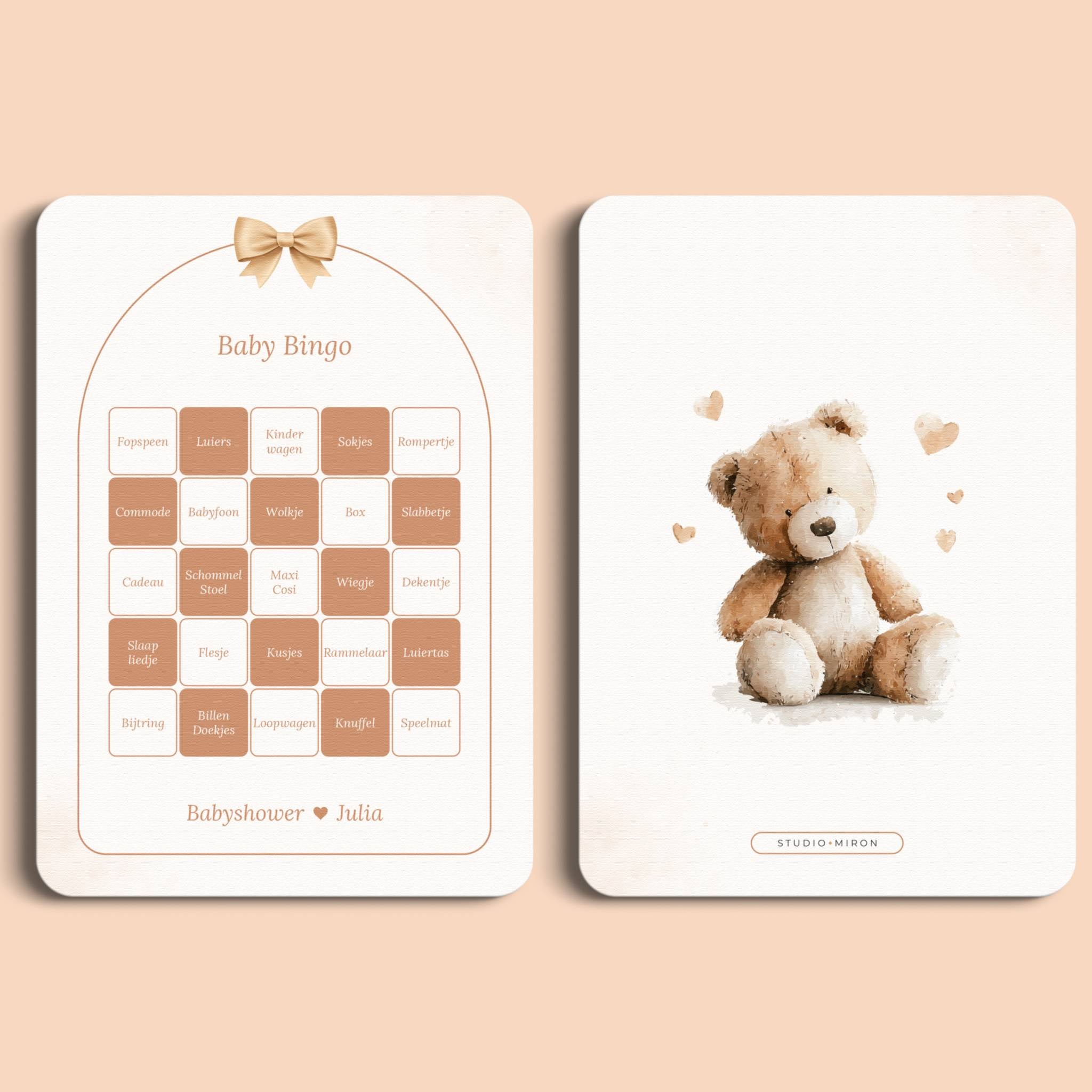 Babyshower spelletjes baby bingo boho beige beertje voor en achter Studio Miron