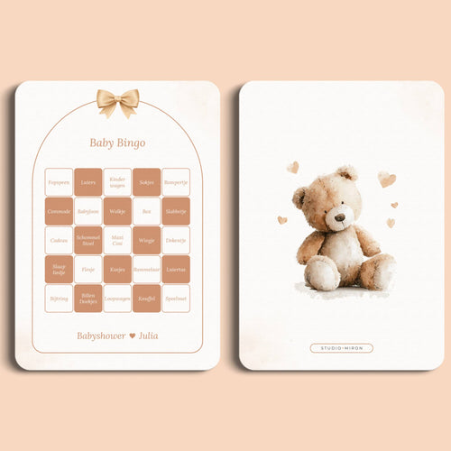 Babyshower spelletjes baby bingo boho beige beertje voor en achter Studio Miron