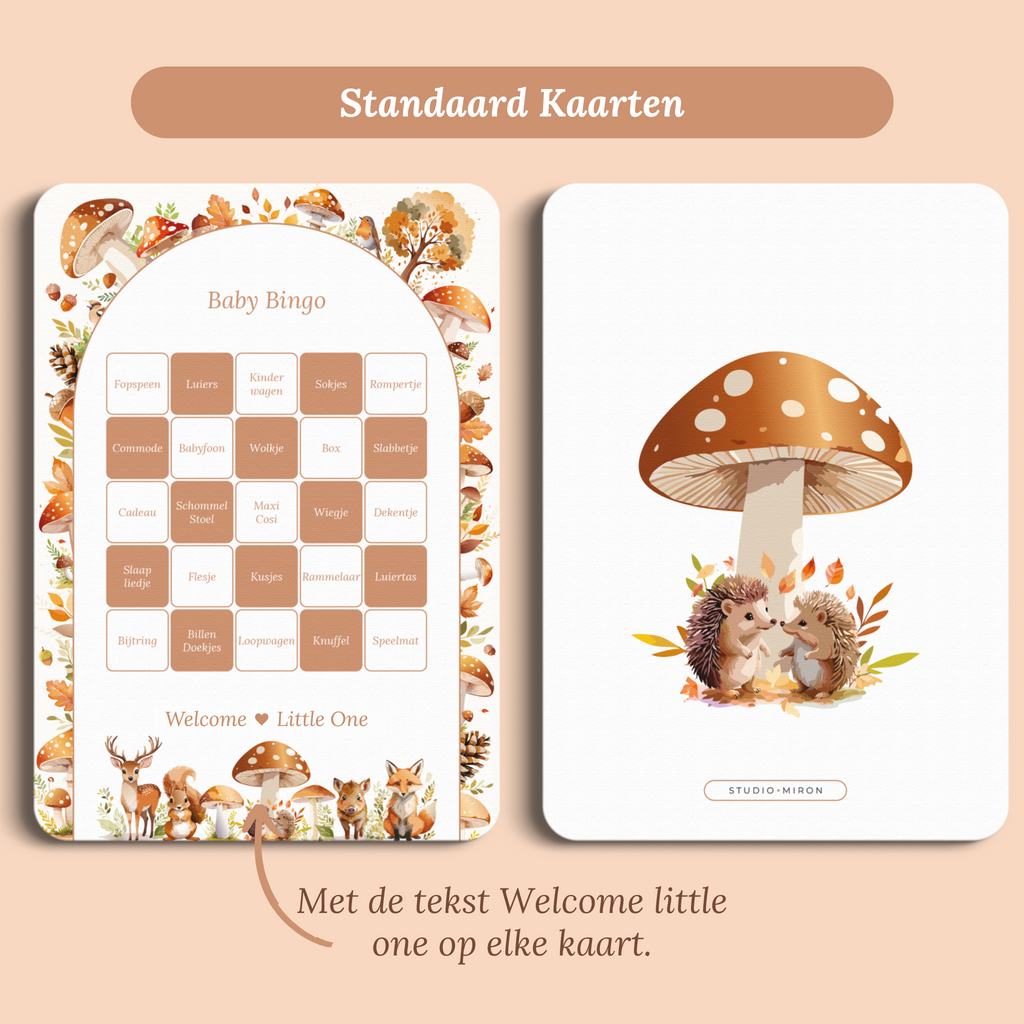 Babyshower spelkaart Baby Bingo in Bosdieren stijl, standaardversie met Welcome Little One – Studio Miron
