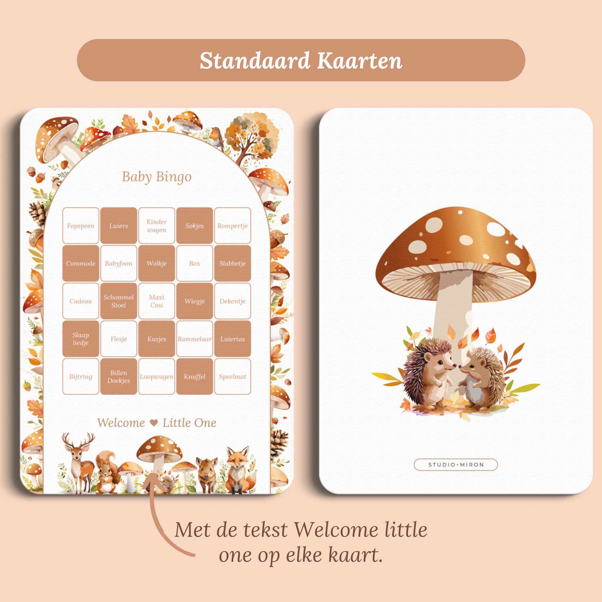 Babyshower spelkaart Baby Bingo in Bosdieren stijl, standaardversie met Welcome Little One – Studio Miron